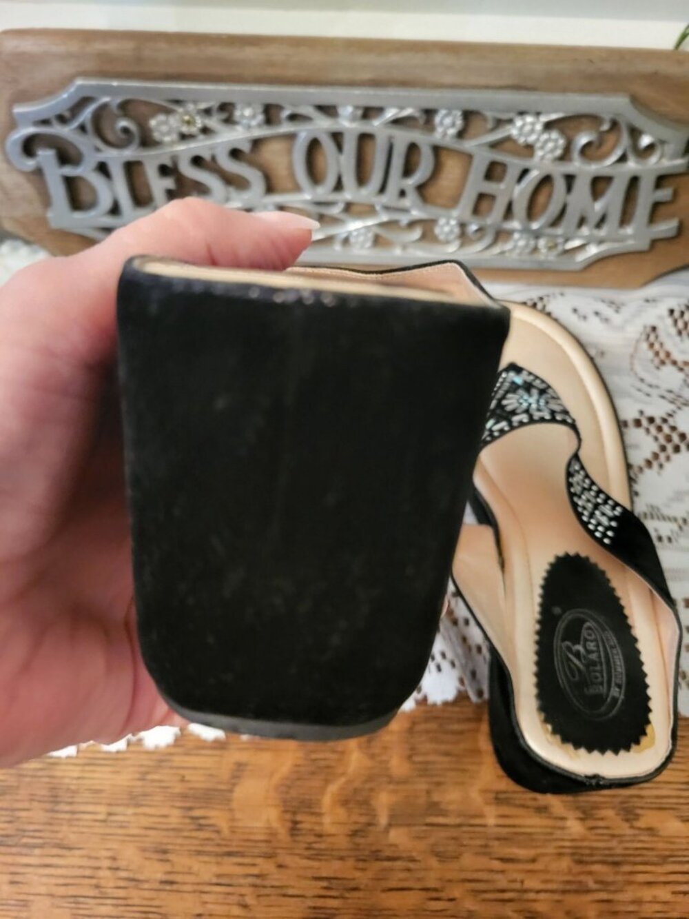 Bolaro Black Velvet Wedge Thong Platform Sandals Jewels 10 Whimsygoth Festival - Picture 4 of 7